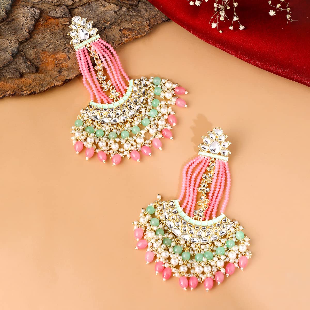 Yellow Chimes Earrings for Women Gold Toned Kundan Studded Green and Pink Beads Drop Chandbali Earrings for Women and Girls