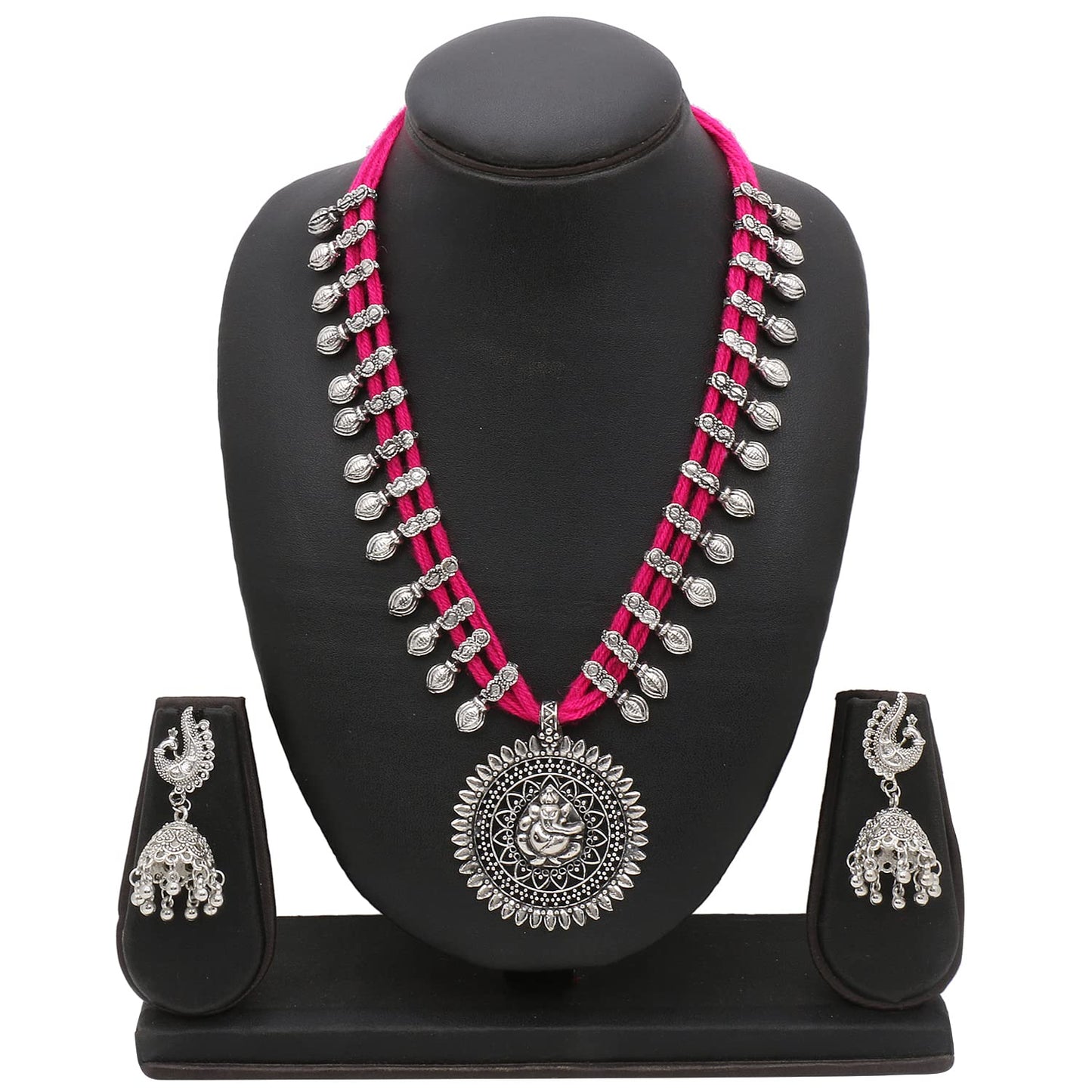 Yellow Chimes Jewellery Set for Women & Girls Traditional Silver Oxidised Jewellery Set Pink Necklace Set for Women | Dori Thread Antique Ganesha Ji Oxidized Necklace Set | Birthday Gift For Girls and Women Anniversary Gift for Wife