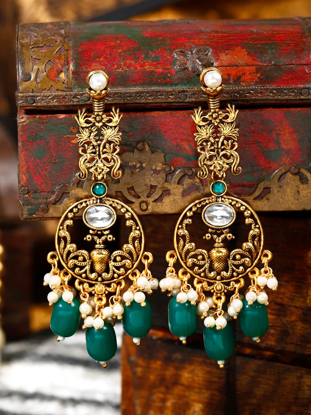 Kairangi Earrings for Women Oxidised Gold Pearl Crystal Studded Green White Beads Drop Dangler Drop Earrings for Women and Girls