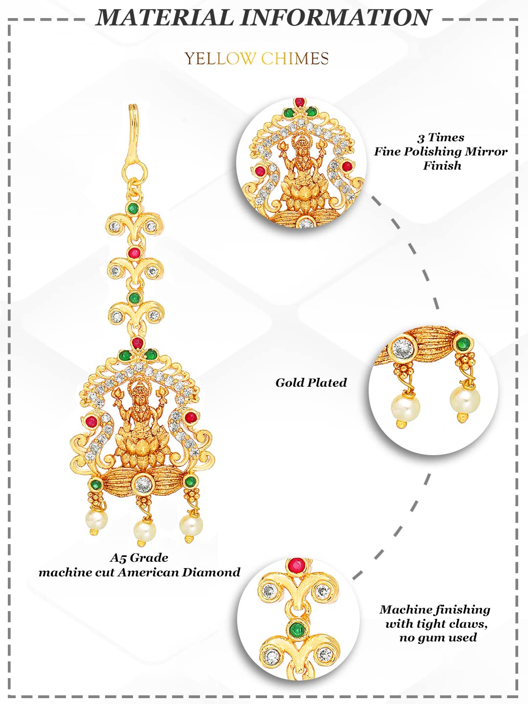 Yellow Chimes Classic AD/American Diamond Studded Gold Plated Lakshmi Design Maang Tikka for Women and Girls, Multicolor, Medium