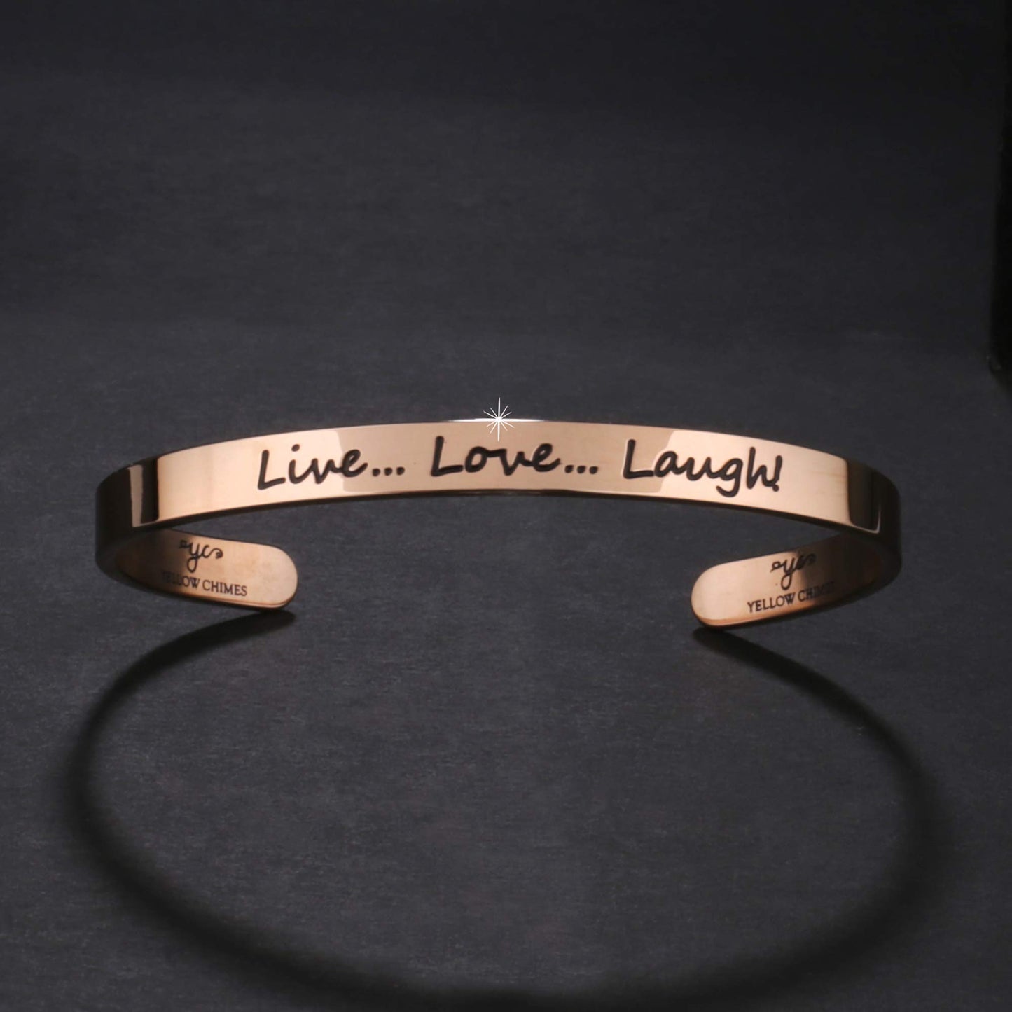 Yellow Chimes Bracelet for Women and Men | Fashion Rose Gold Cuff Kadaa Bracelets for Girls and Boys | Positive Quotes Inspirational LIVE LOVE LAUGH Message Engraved Karma Band Bracelet | Rose Gold Plated Hand Cuff Kadaa Bracelet | Accessories Jewellry