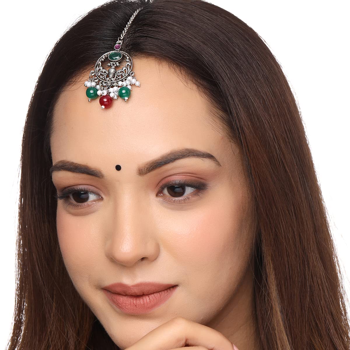 Yellow Chimes Maangtikka for Women Silver Oxidised Stone Studded Peacock Designed Maangtikka for Women and Girls