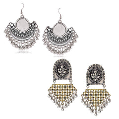 Yellow Chimes Stylish COMBO 2 Pairs Silver Oxidized Antique Chandbali Earrings for Women and Girls