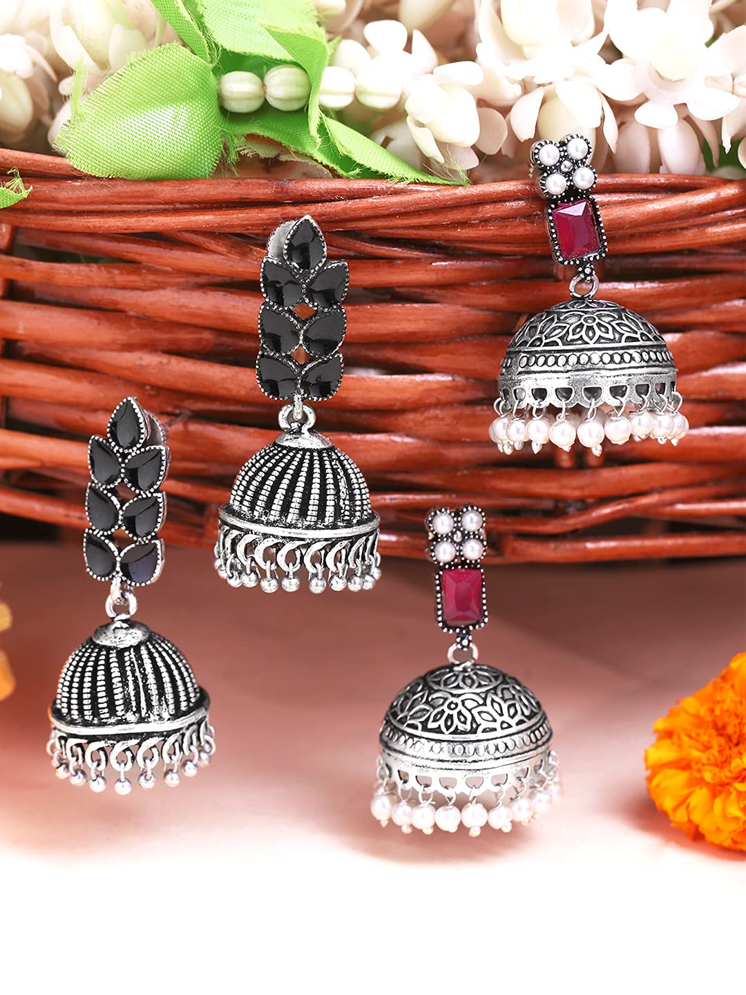 Yellow Chimes Oxidised Earrings for Women 2 Pairs Silver Oxidised Black Pink Traditional Jhumka Earrings combo for Women and Girls.