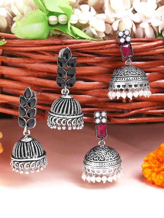 Yellow Chimes Oxidised Earrings for Women 2 Pairs Silver Oxidised Black Pink Traditional Jhumka Earrings combo for Women and Girls.