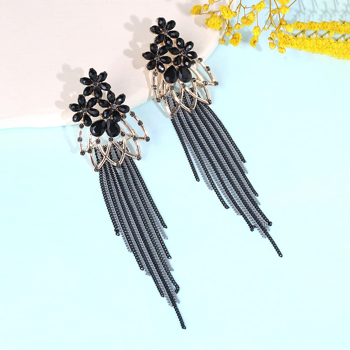 Yellow Chimes Crystal Danglers Earrings for Women Floral Shaped Crystal Black Long Chain Dangler Earrings for Women and Girls