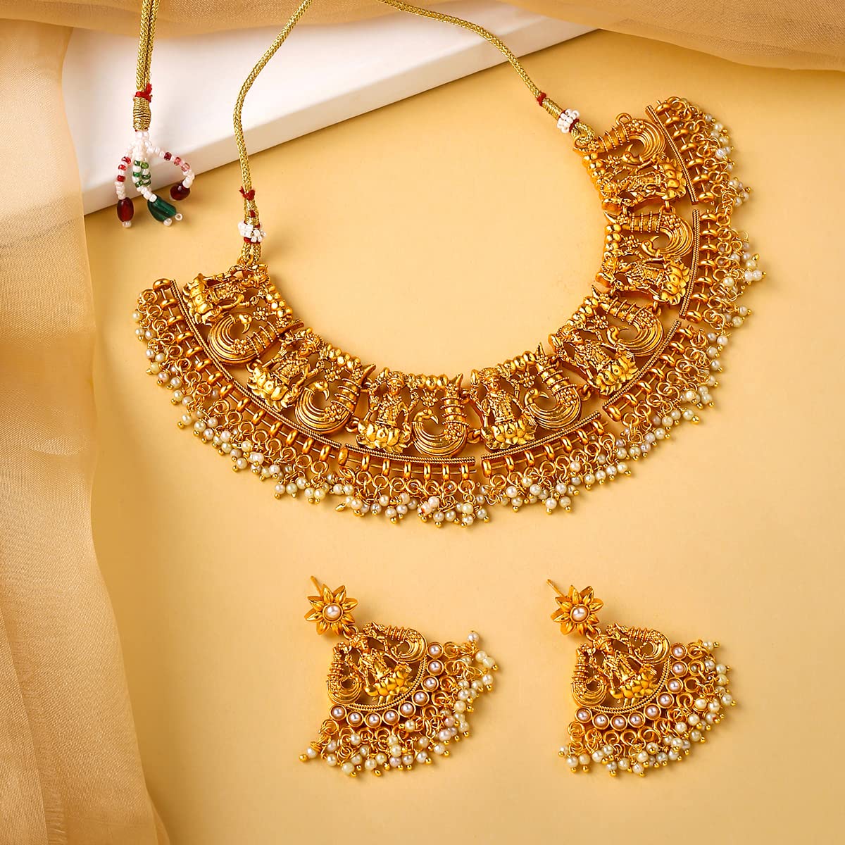 Yellow Chimes Jewellery Set for Women and Girls Temple Jewellery Set for Women Traditional | Beads Drop Gold Plated Choker Necklace Set | Birthday Gift for girls and women Anniversary Gift for Wife