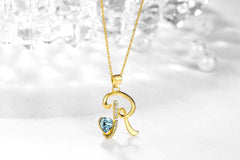 Yellow Chimes Golden Pendant for Women Alphabet Initial R Pendant Gold Plated Blue Crystal Heart Chain Pendant for Women and Girls