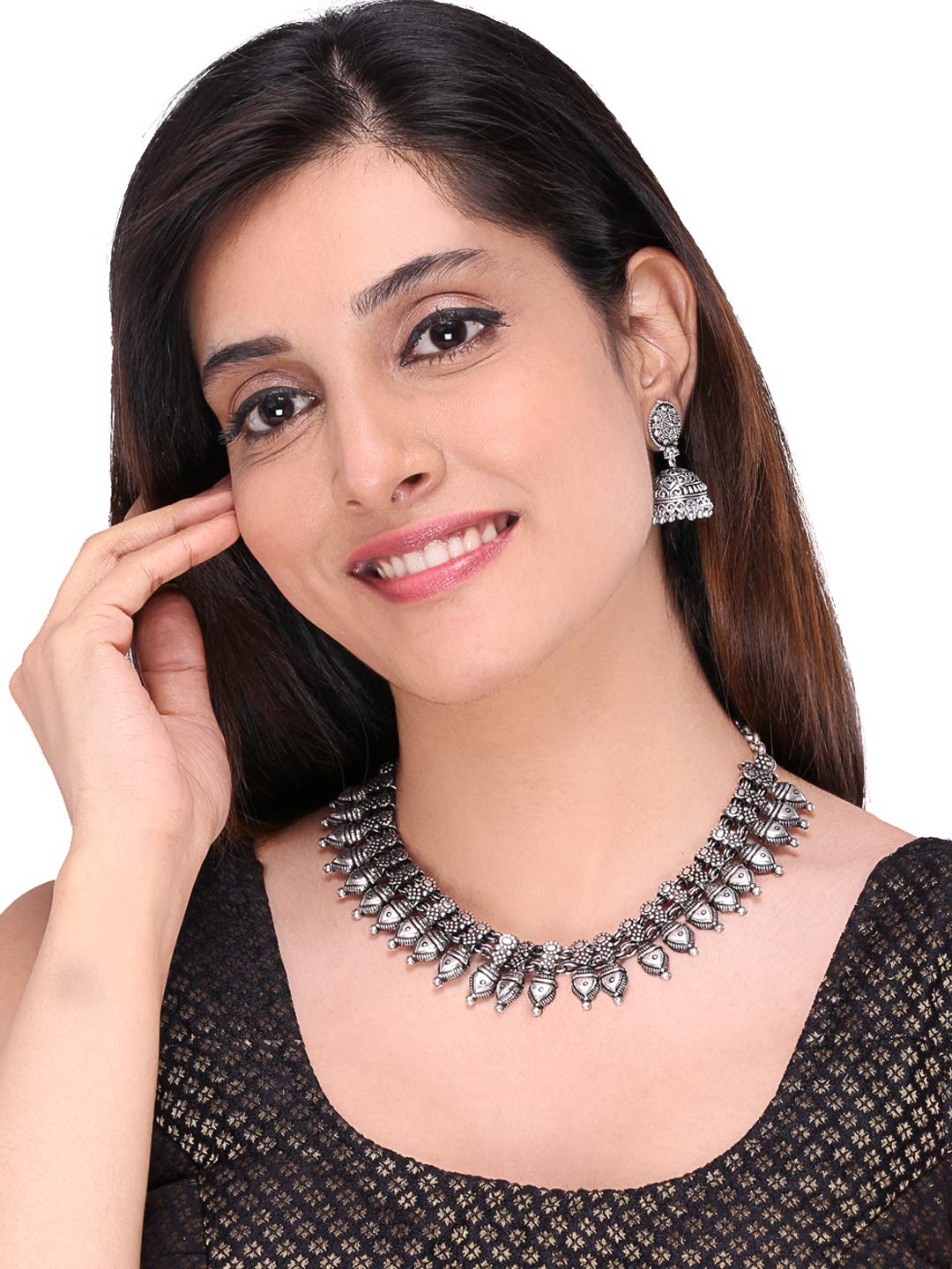 Yellow Chimes Ethnic German Silver Oxidised Coin Designed Choker Necklace Set with Earrings Traditional Jewellery Set for Women and Girls