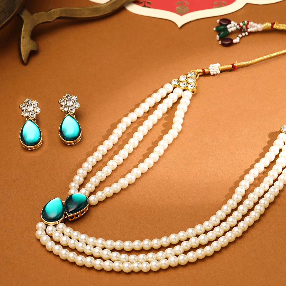 Yellow Chimes Jewellery Set for Women Multilayer Beads with Green Studded Neckalce Set with Earrings for Women and Girls