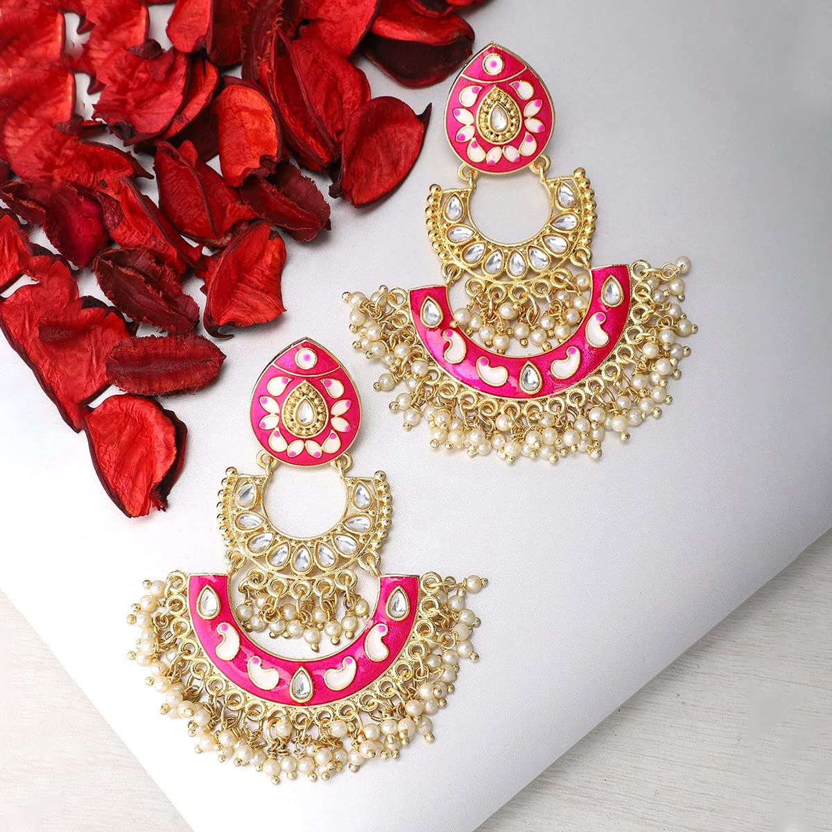 Kairangi Meenakari Chandbali Earrings for Women Ethnic Gold Plated Handpainted Traditional Pink Chandbali Earrings for Women and Girls.