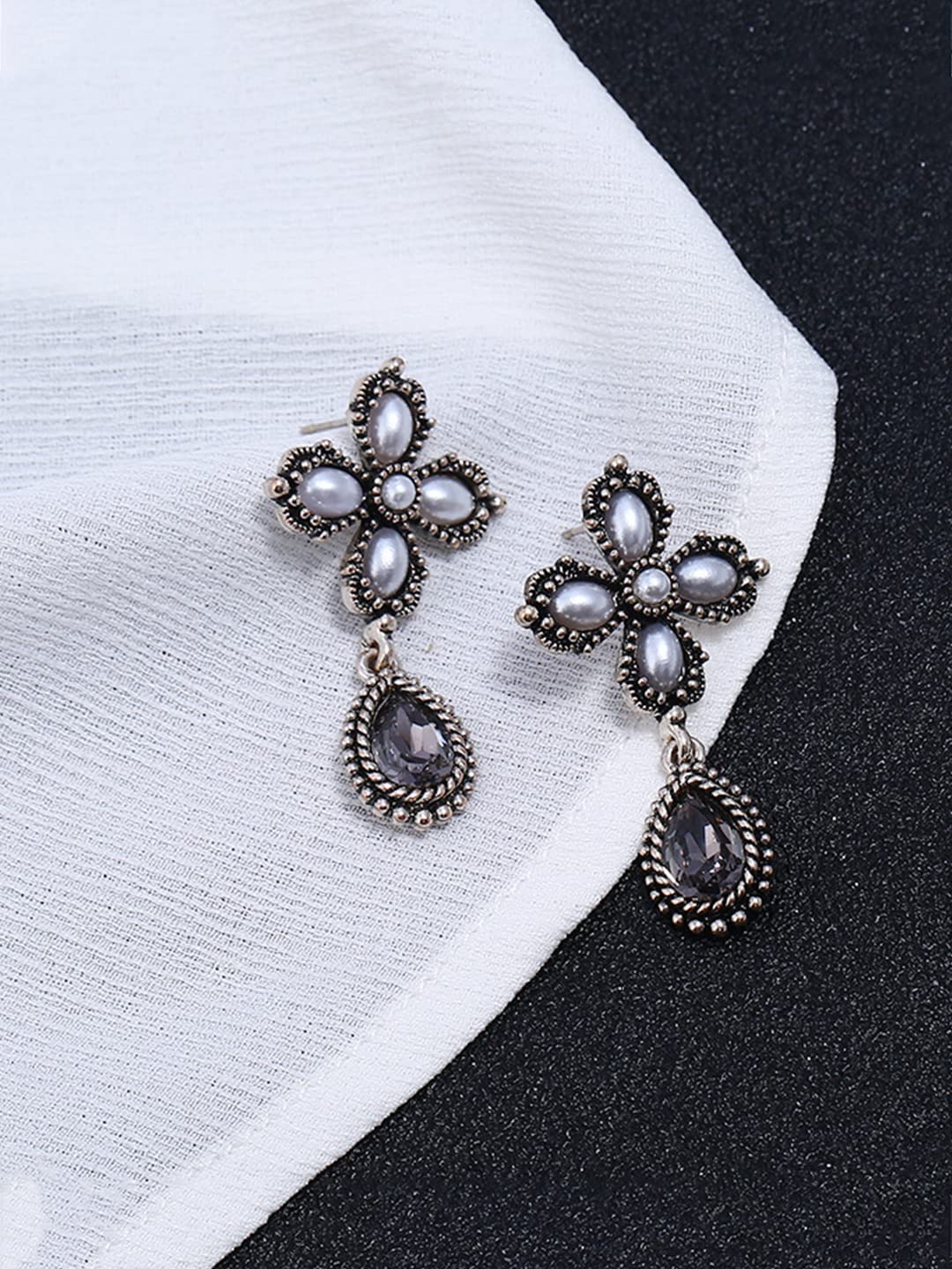 Yellow Chimes Floral Earrings for Women Oxidised Silver-Plated Floral Drop Earrings For Women and Girls