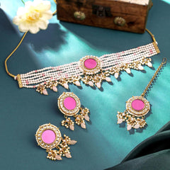 Yellow Chimes Jewellery Set for Women Traditional Pink Beads Choker Necklace Set Mirror Worked Gold Plated Choker Set for Girls Birthday Gift for Girls & Women Anniversary Gift for Wife