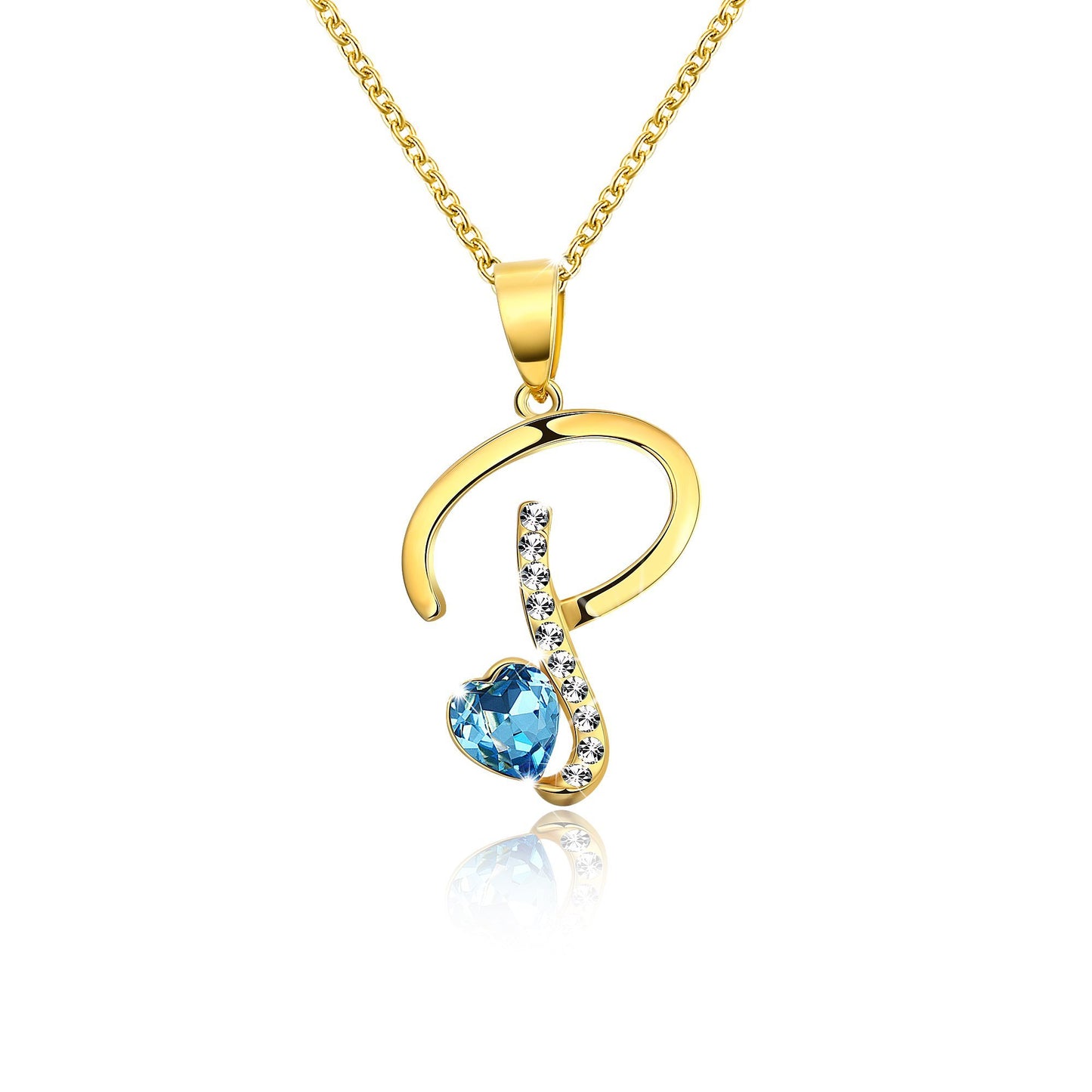 Yellow Chimes Golden Pendant for Women Alphabet Initial P Pendant Gold Plated Blue Crystal Heart Chain Pendant for Women and Girls