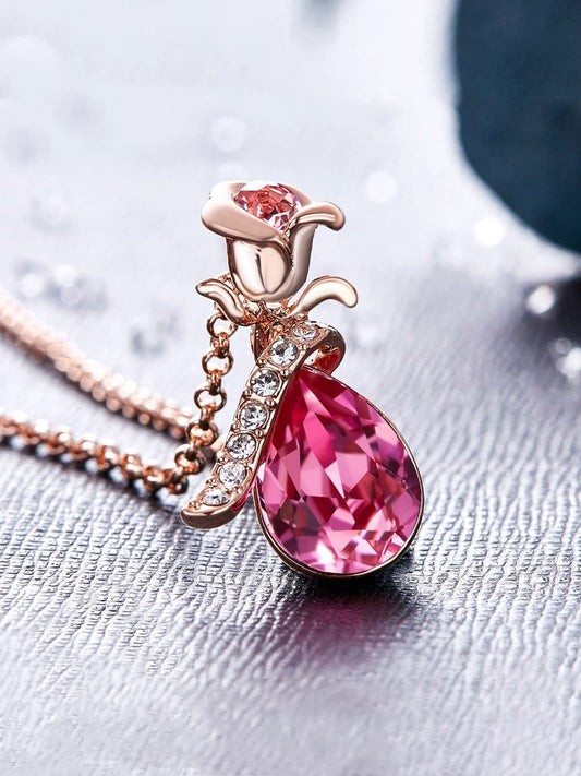 Yellow Chimes Pendant for Women and Girls Pink Crystals from Swarovski Pendant Rose Gold Plated | Floral Shaped Pendant for Girls | Birthday Anniversary Gift for Wife Birthday Gift for girls and women