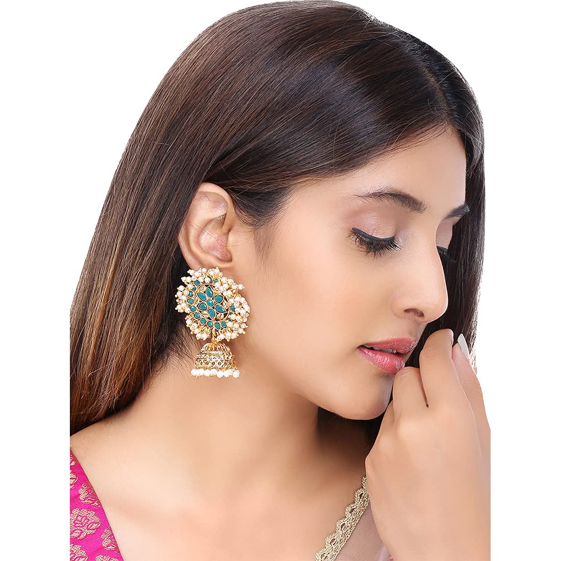 Yellow Chimes Ethnic Gold Plated Flower Design Pearl Moti Green Jhumka Earrings for Women and Girls, Medium (YCTJER-MOTFLW-GR)