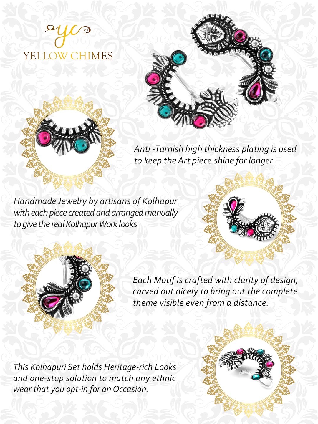 Yellow Chimes Oxidised Nose Pin Nath for Women 2 Pcs Combo Authentic Kolhapuri Worked Maharasthrian Non-Piercing Nath for Women and Girls.