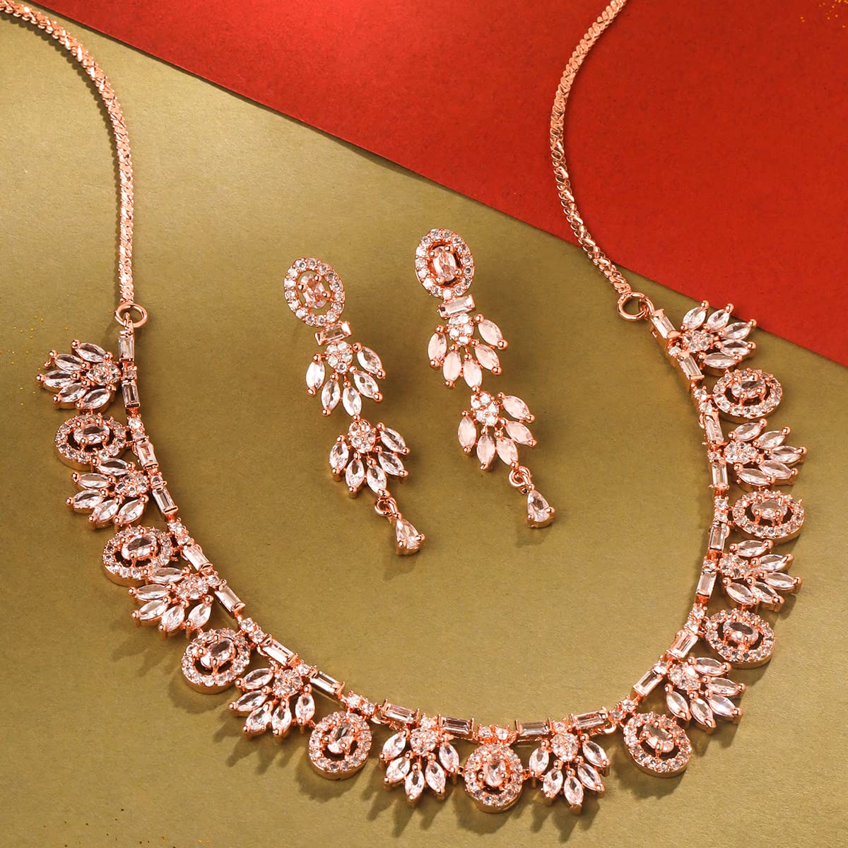 Yellow Chimes American Diamond Rosegold Plated Brass Jewellery Set For Women | Ideal For Wedding Events Anniversary Gifting | Suited For Traditional & Western Attire | Rose Gold AD Necklace Set