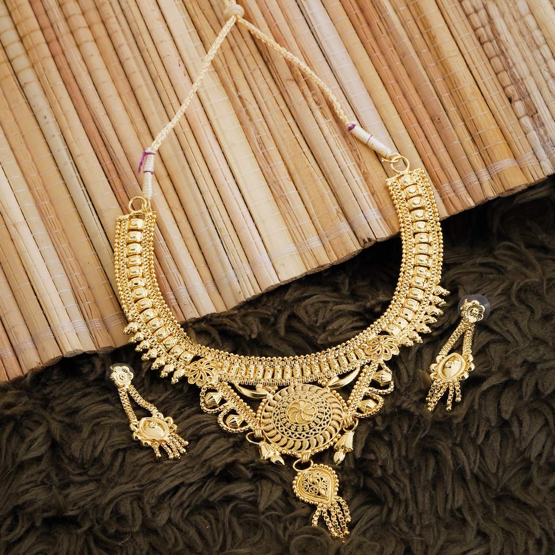 Yellow Chimes Ethnic One Gram Gold Designer Antique Golden Traditional Choker Necklace with Earrings Jewellery Set for Women & Girls