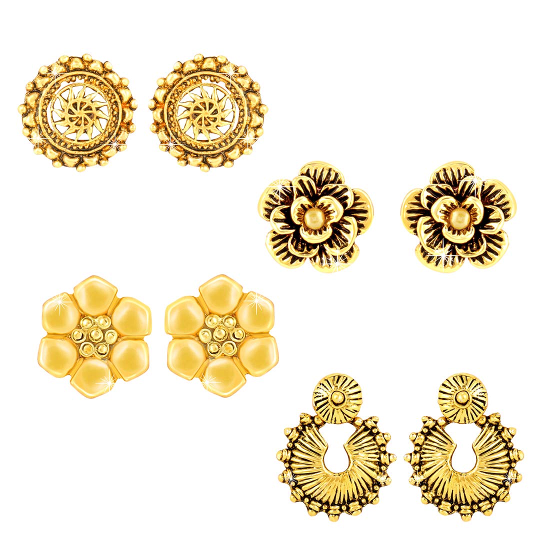 Yellow Chimes Stylish COMBO 4 Pairs of Oxidized Gold Plated Designer Traditional Studs Earrings for Women and Girls (Combo-3)