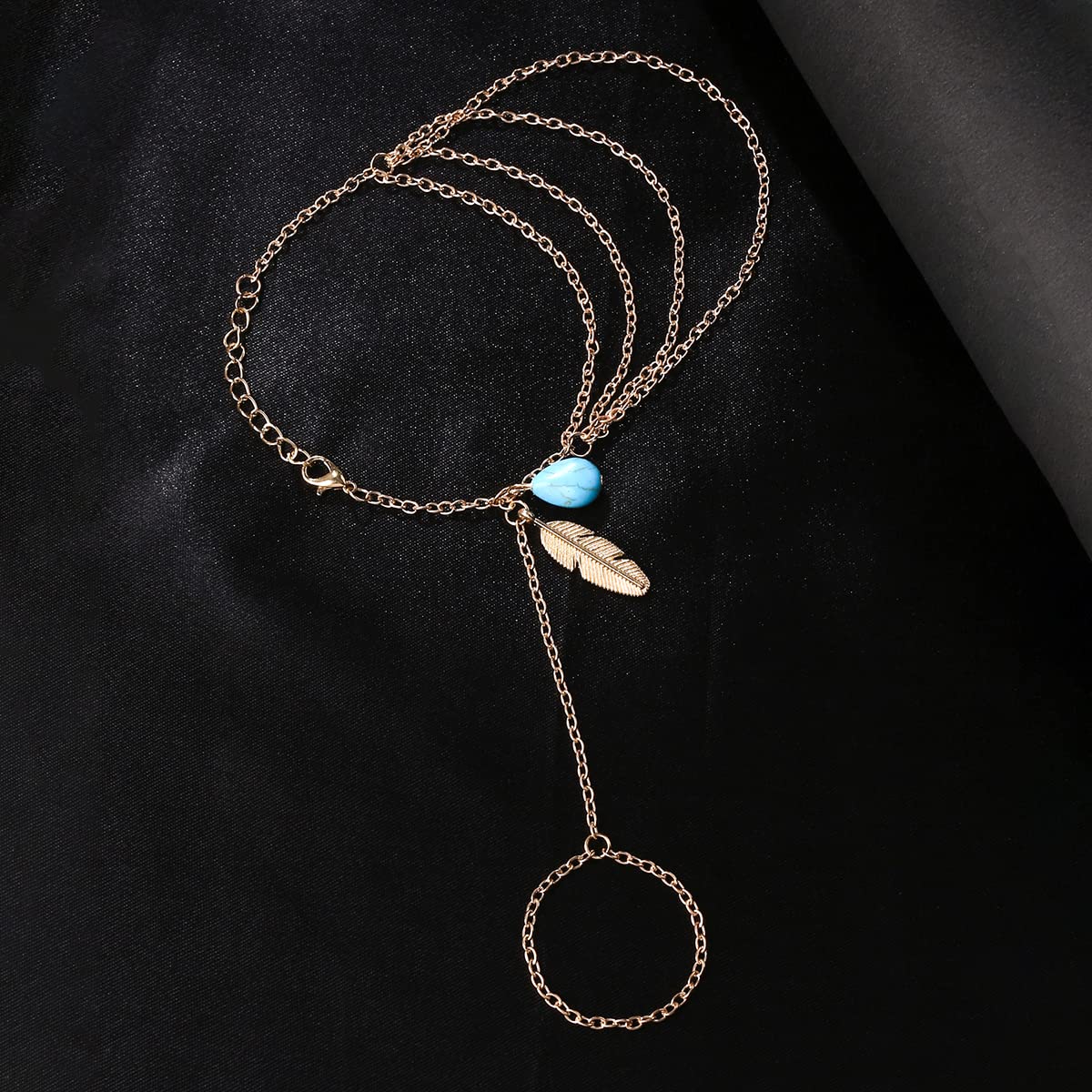 Yellow Chimes Hand Chain For Women Multilayer Gold Plated Blue Stone Feather Charm Hanging Hand Chain For Women and Girls