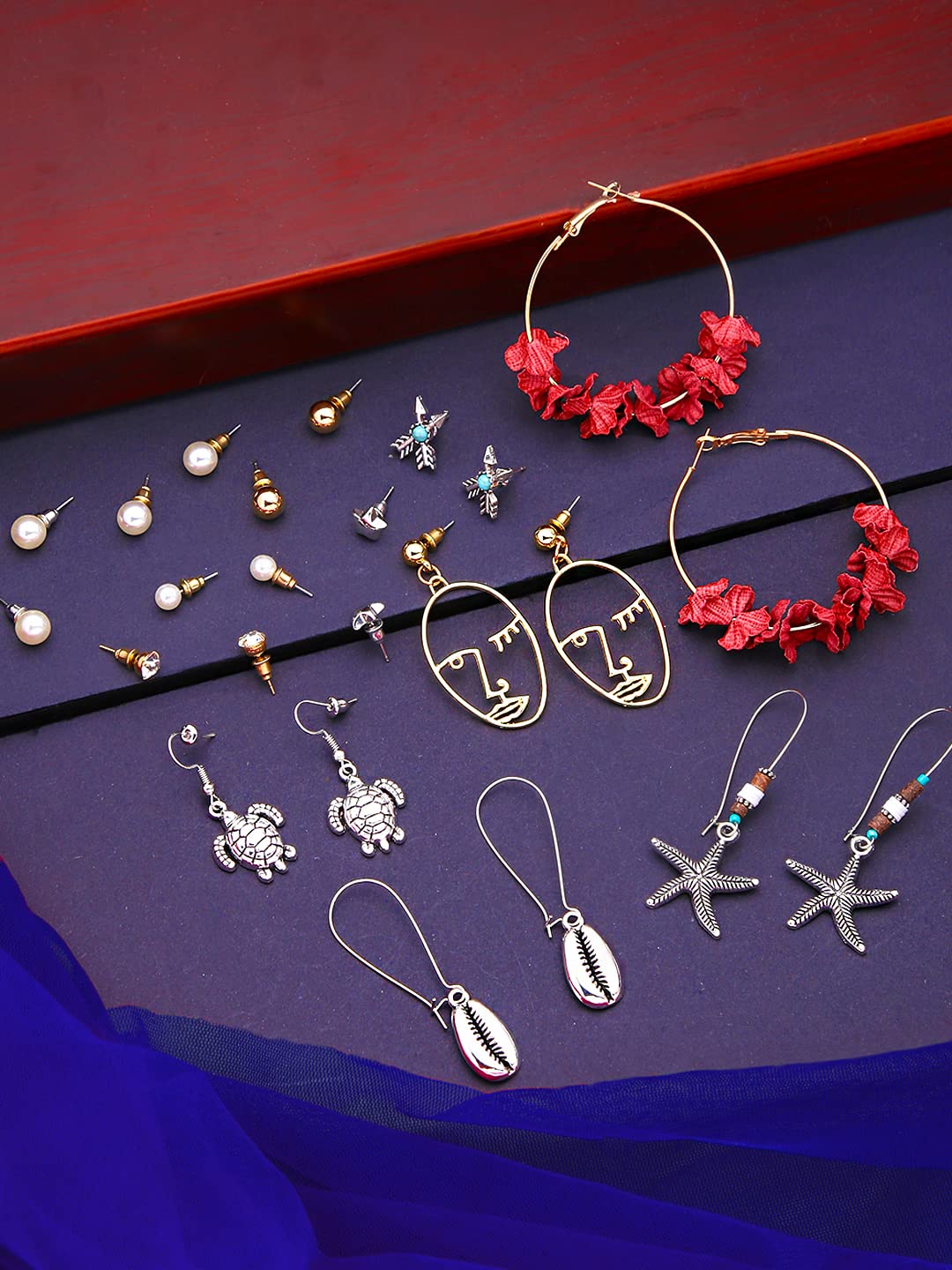 Yellow Chimes Latest Fashion Designs Combo of 12 Pairs Gold Plated Pearl Thread Dangle Stud Hoop Earrings Set for Women and Girls, Medium