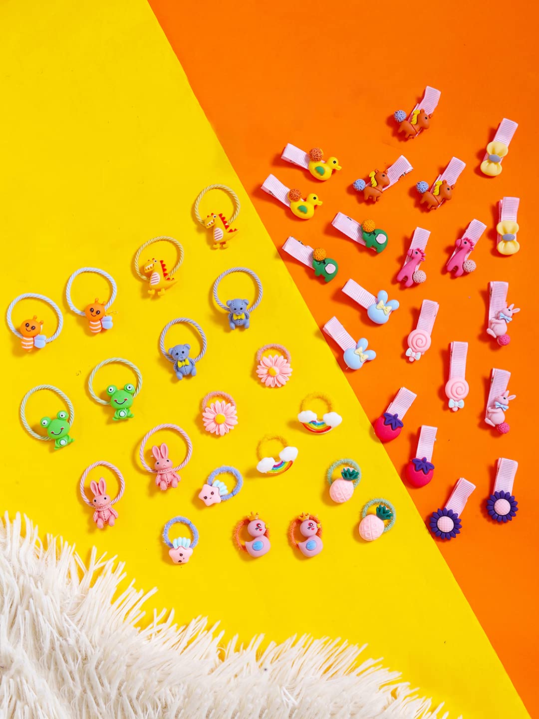 Melbees by Yellow Chimes Hair Clips for Girls 20 PCS Hairclips Set 10 Pairs Rubber Bands Ponytail Holder Cute Characters Rubber Bands for Kids and Girls Hair Accessories.