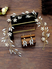 Yellow Chimes Bridal Hair Vine for Women and Girls With Earrings Bridal Hair Accessories for Wedding Golden Headband Hair Accessories Wedding Jewellery for Women Bridal Wedding Head band Hair Vine for Girls Headpiece