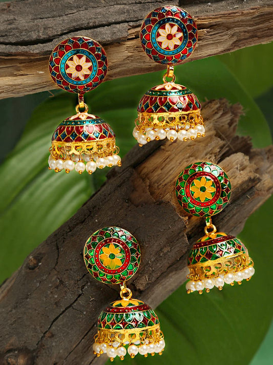 Yellow Chimes Meenakari Jumka Earrings with Ethnic Design Gold Plated Traditional Beads Combo of 2 pair for Women and Girls