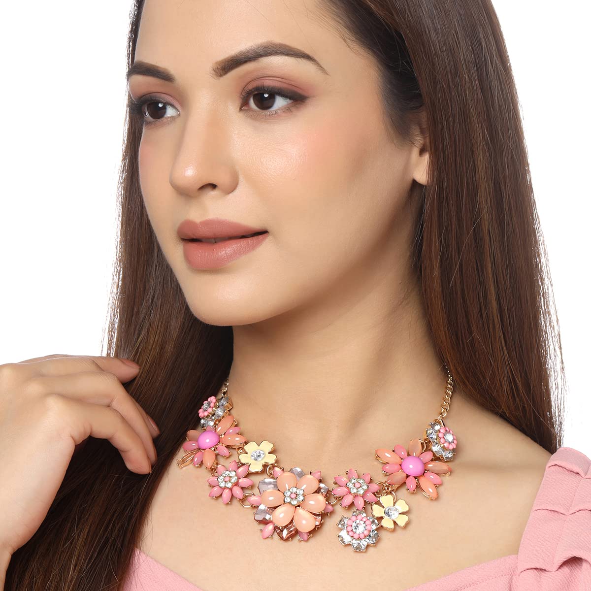 Yellow Chimes Necklace For Women Gold Toned Pink color Floral Designed Crystal Necklace For Women and Girls