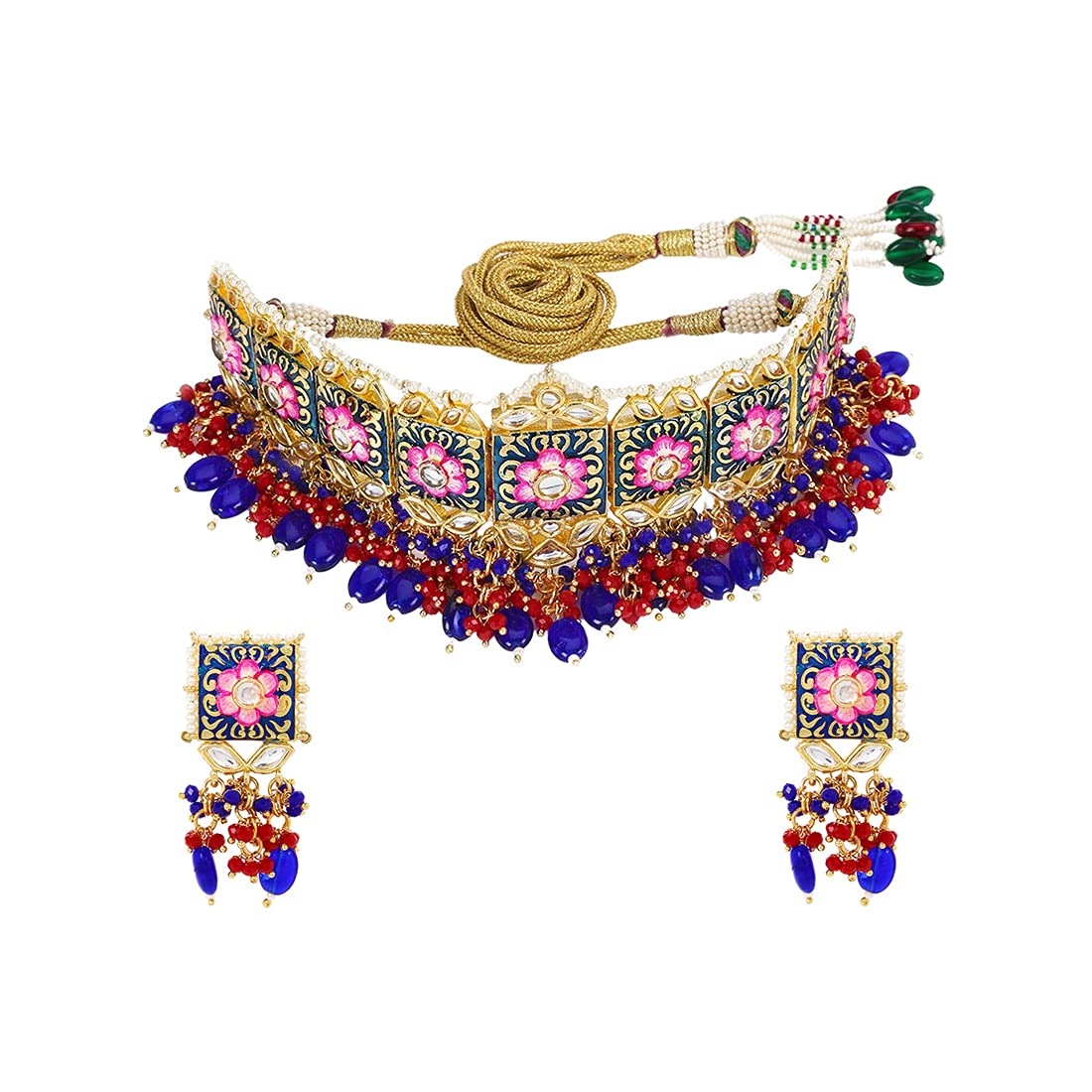 Yellow Chimes Ethnic Gold Plated Kundan Beads Flower Design Jewellery Set Pink Blue Meenakari Choker Necklace Set for Women and Girls, Multicolour, Medium (YCTJNS-22SQRFLW-MC)