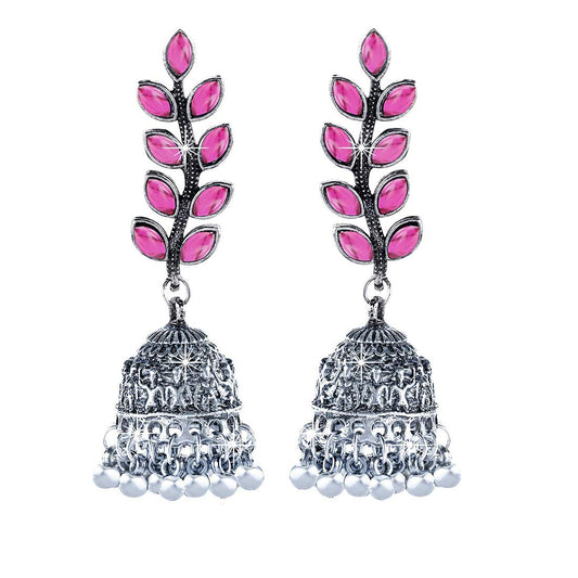 Yellow Chimes Stylish Leaf Wine Silver Oxidized Traditional Jhumka Earrings for Women and Girls (Pink)