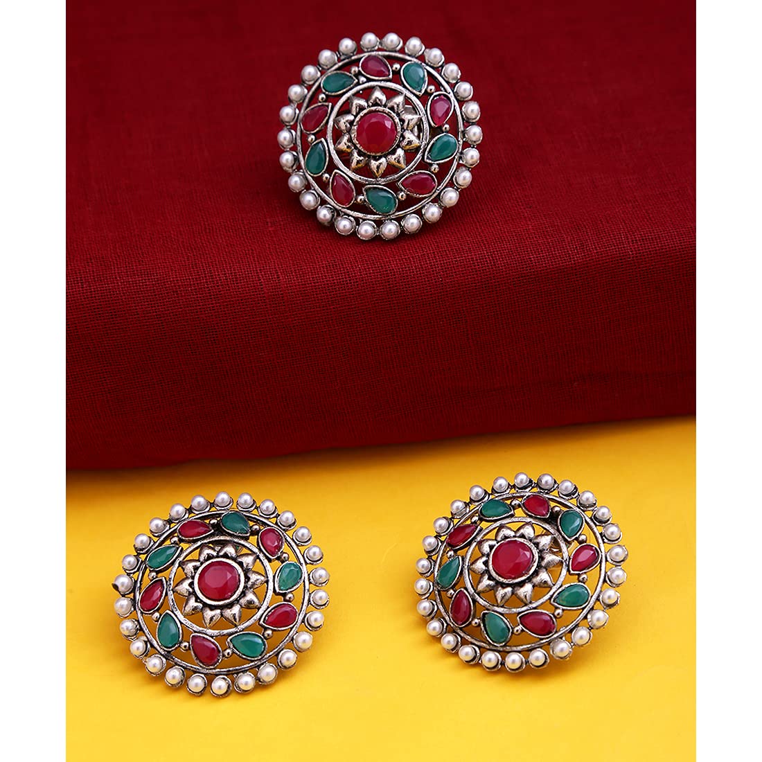 Yellow Chimes Ethnic German Silver Oxidised Multicolor Studded stones Round Traditional Stud Earrings and Ring Set for Women And Girls, Silver, Multicolor, Medium (YCTJER-89STNCIRST-MC)