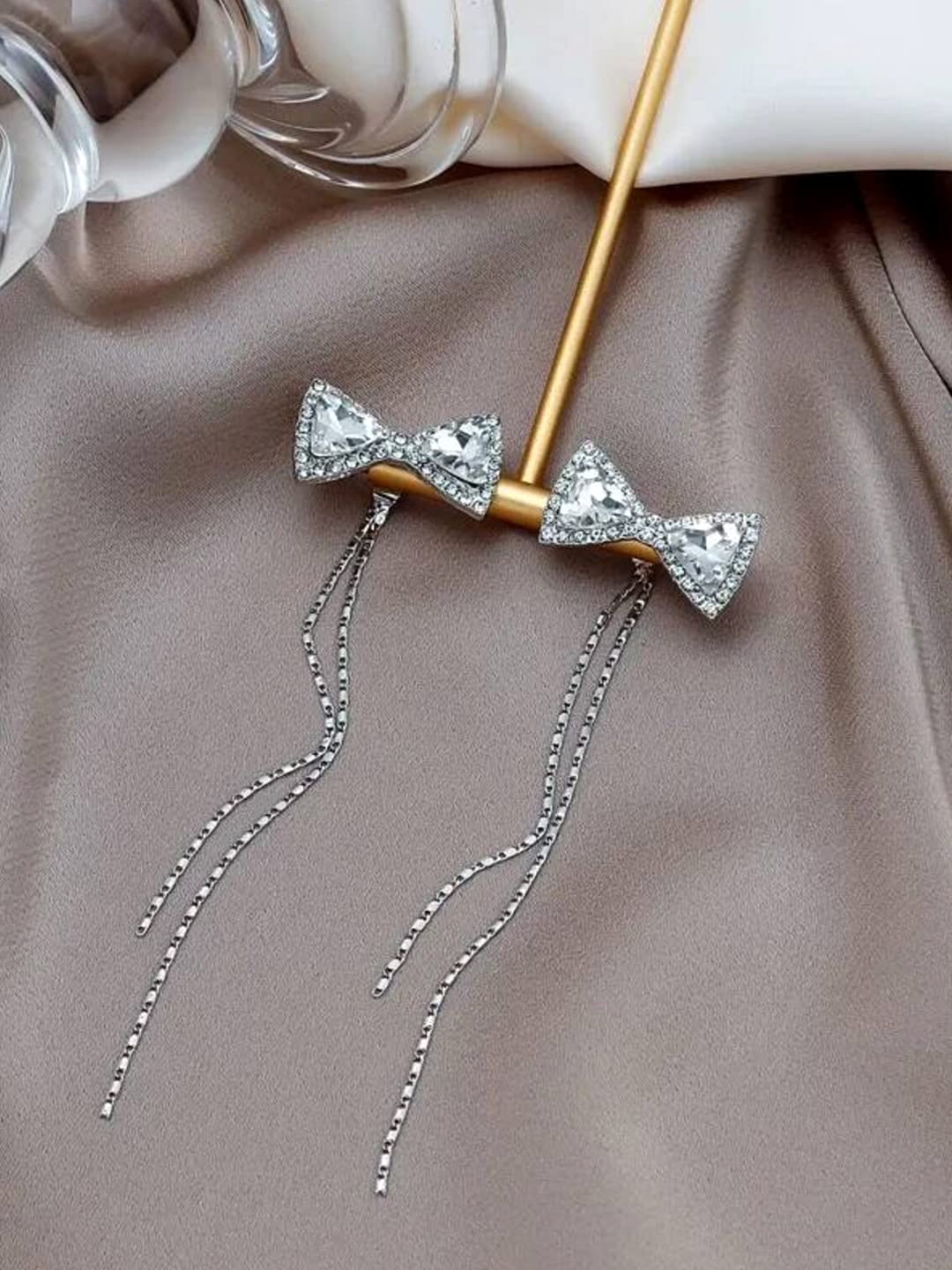 Yellow Chimes Earrings For Women Silver Tone Crystal Studded Bow With Linear Chain Tassel Dangler Earrings For Women and Girls