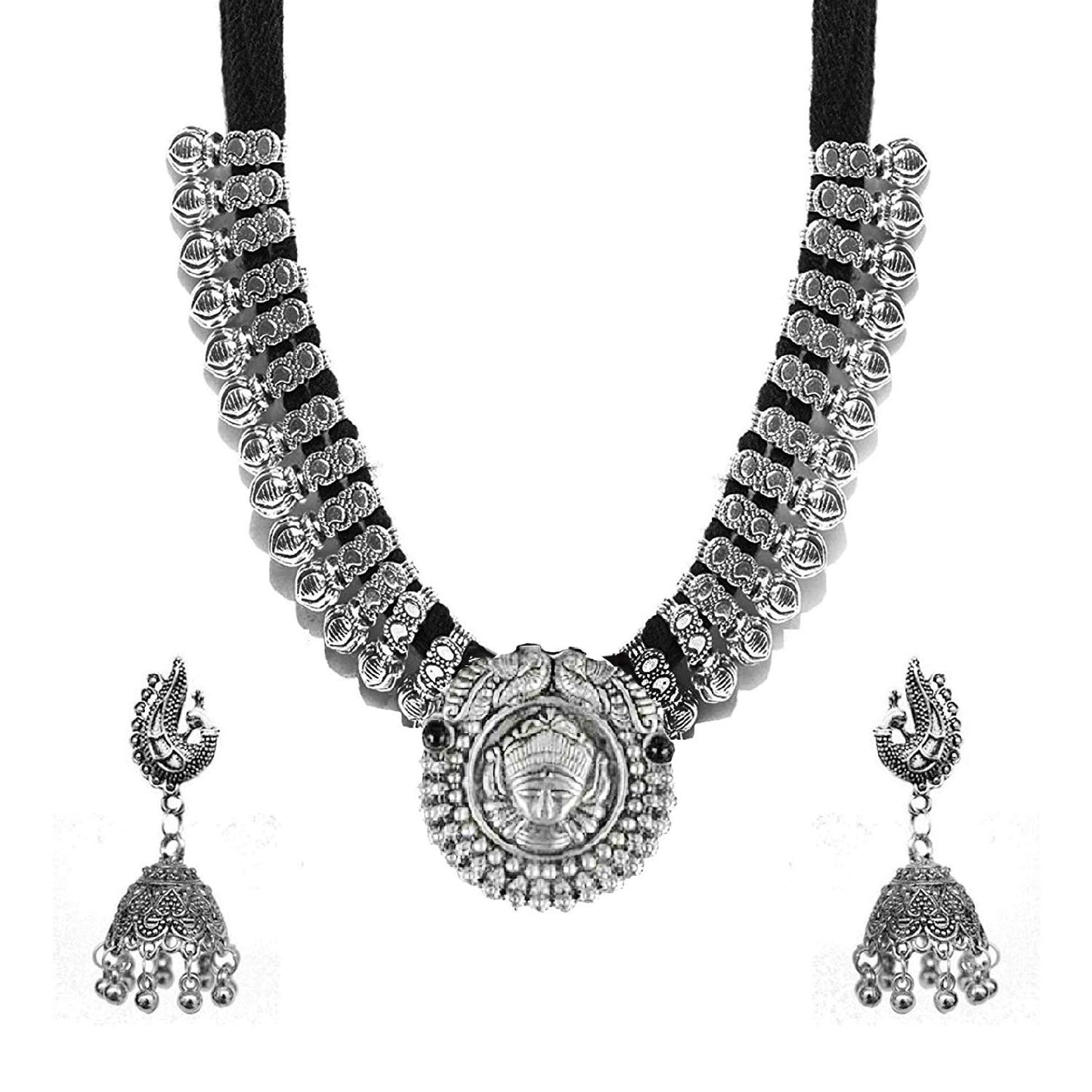 Yellow Chimes German Oxidised Silver Antique Durga Design Threader Traditional Necklace set with Peacock Jumka Earring Jewellery Set for Women and Girls