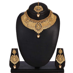 Yellow Chimes Gold Plated Traditional Flower Designer Studded Pearl Choker Necklace, Earring & Maang Tikka Set Necklace Set Necklace Jewellery Set for Women & Girls
