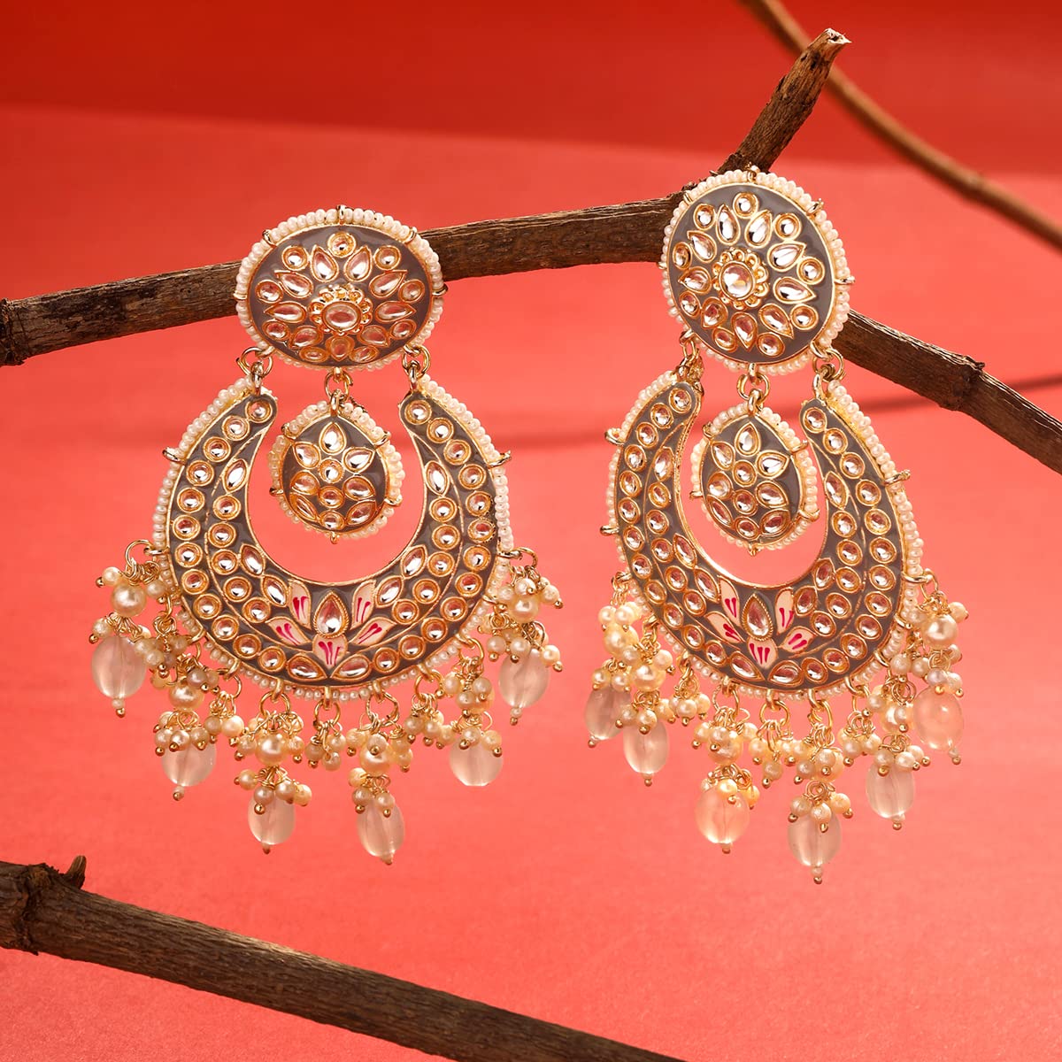 Yellow Chimes Earrings for Women and Girls Traditional Meenakari Chandbali | Gold Toned Grey Meenakari Chandbali Earrings | Birthday Gift for girls and women Anniversary Gift for Wife