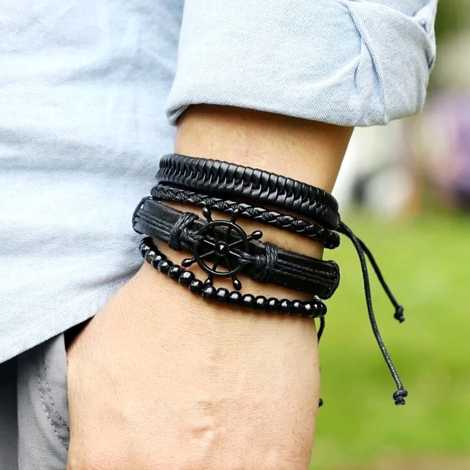 Black Leather Kada Style Bracelet for Men- Mesmerize India
