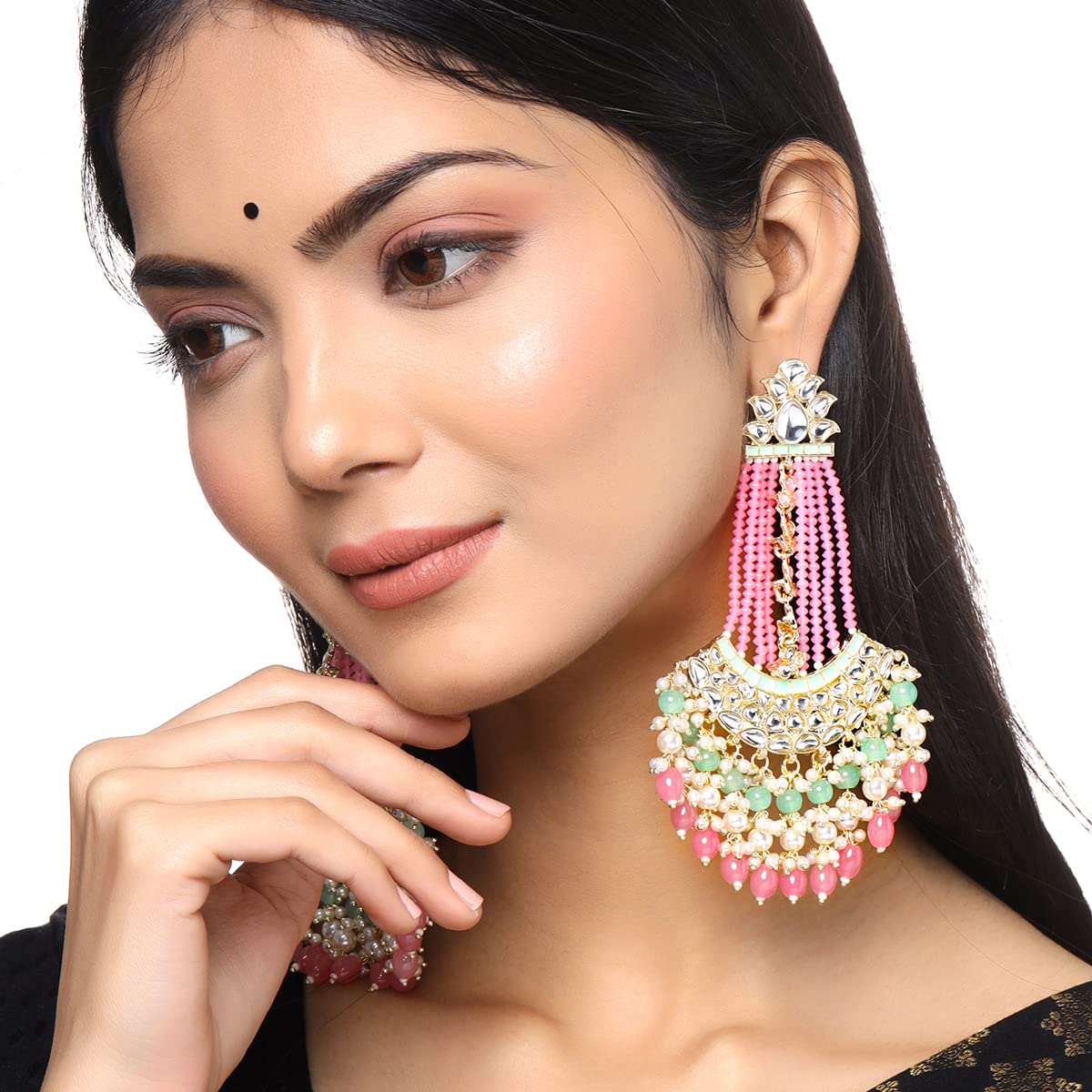 Yellow Chimes Earrings for Women Gold Toned Kundan Studded Green and Pink Beads Drop Chandbali Earrings for Women and Girls