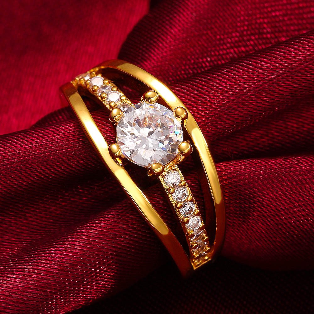 Yellow Chimes Single Stone Sparkling Layer 18K Gold Plated Cubic Zircon Designer Ring for Women