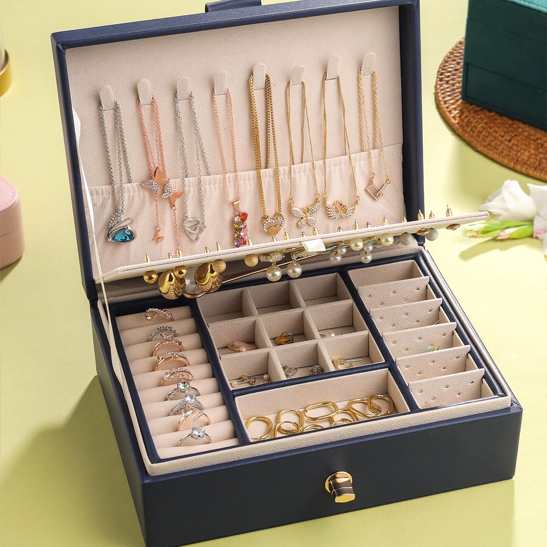 Yellow Chimes Jewelry Box Organisers I Jewellery Organisers Storage Box I Wedding Birthday Gift Box for Women I PU Leather I Bangles Earrings Organizer I Portable 2 Layers Jewelry Organizer Box