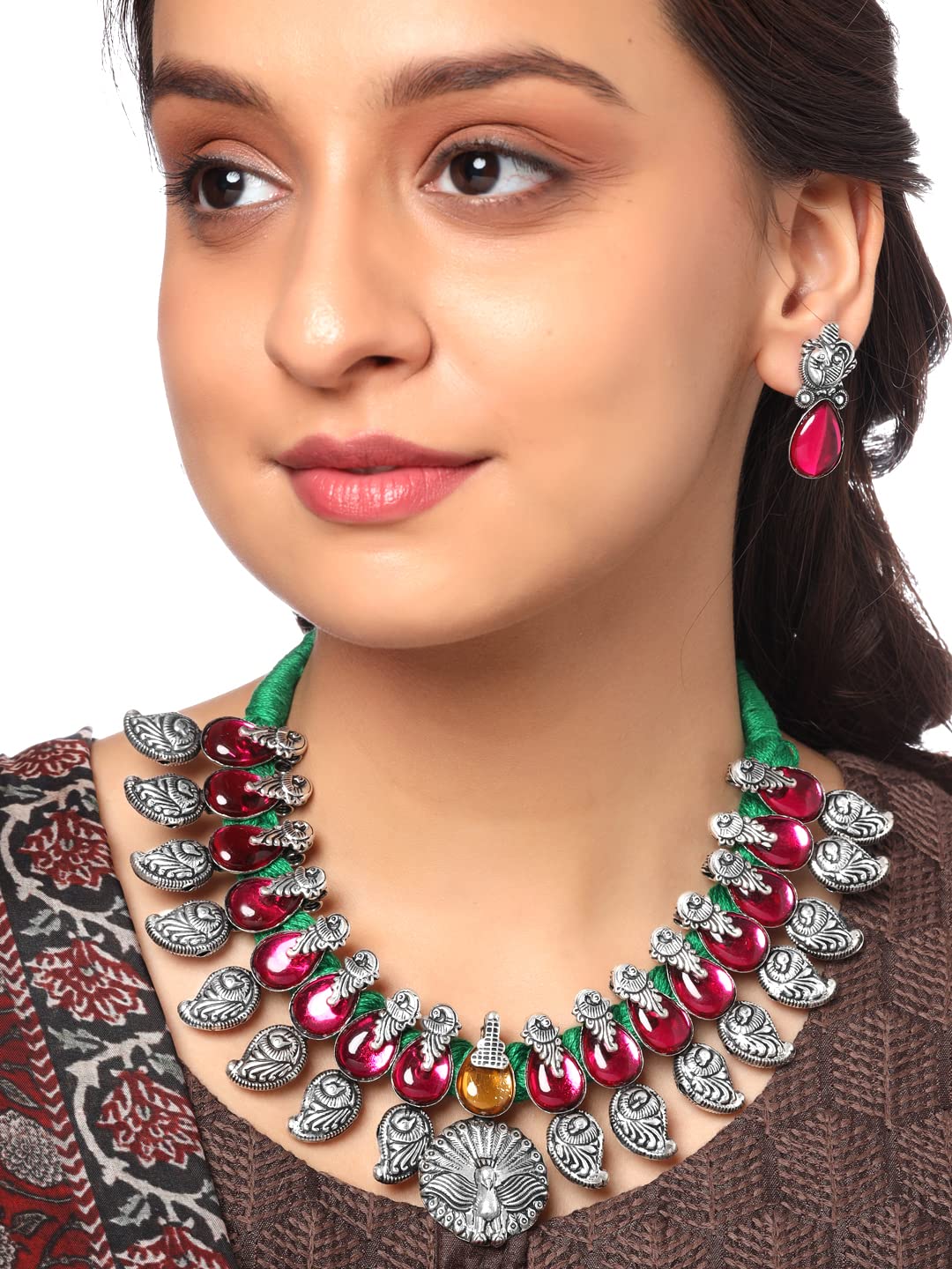 Yellow Chimes Oxidised Jewellery Set for Women Authentic Kolhapuri Work Handmade Silver Peacock Pink Kundan Choker Necklace Sets for Women and Girls.
