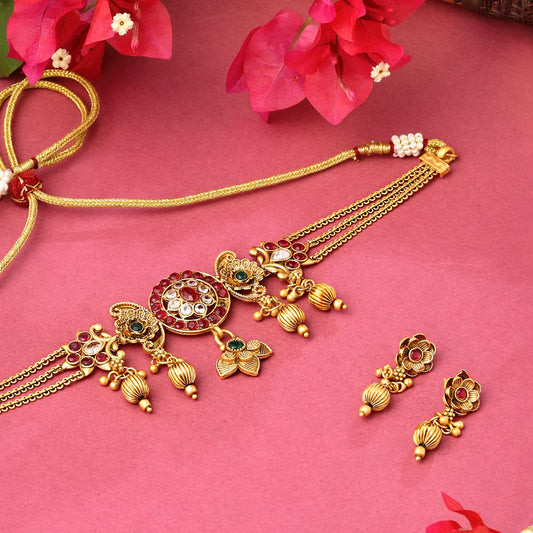 Yellow Chimes Jewellery Set For Women Gold Plated Crystal Studded Floral Designed Traditional Choker Necklace Set with Earrings For Women and Girls