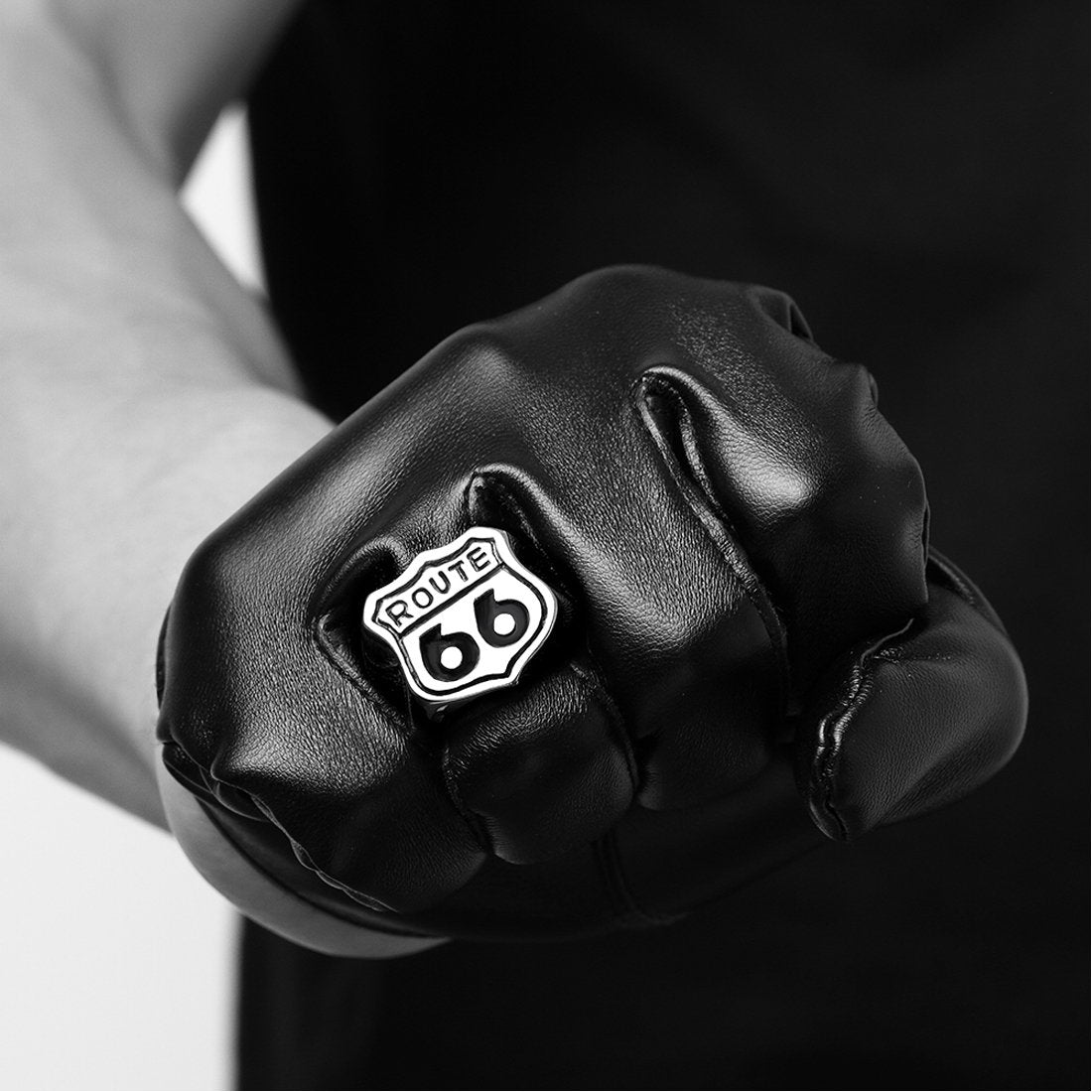 Yellow Chimes Rings for Men Famous 'Route 66' Symbol Silver-Oxidized Stainless Steel Bikers Ring for Men and Boys