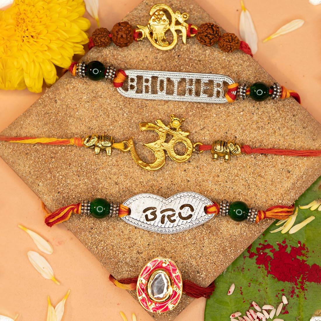 Yellow Chimes Rakhi for Brother | Combo of 5 Rakhi Set for Brother | Traditional Gold and Silver Plated Rakhi Set for Brother and Sister| Rakhi with Roli, Chawal and Greeting Card