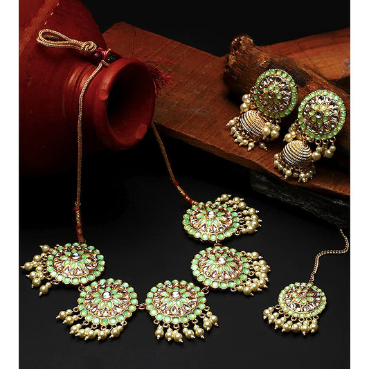 Yellow Chimes Ethnic Gold Plated Studded Kundan Green Beads Design Jewellery Set Traditional Choker Necklace Set with Earrings and maang Tikka for Women and Girls (Design 8)