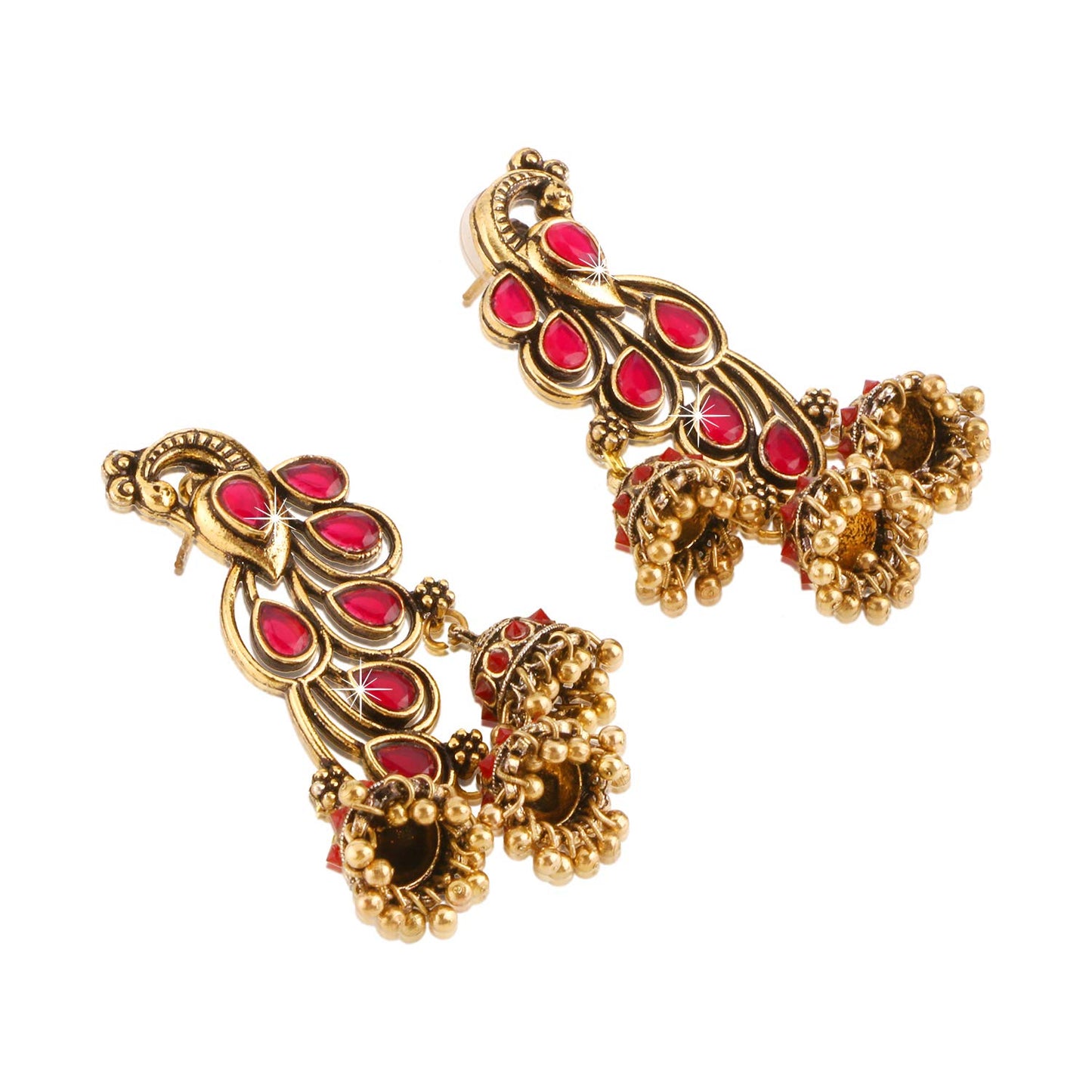 Yellow Chimes Red Stones Peacock Inspired Latest Trend Festive Oxidized Golden Traditional Jhumkas Earrings for Women and Girls