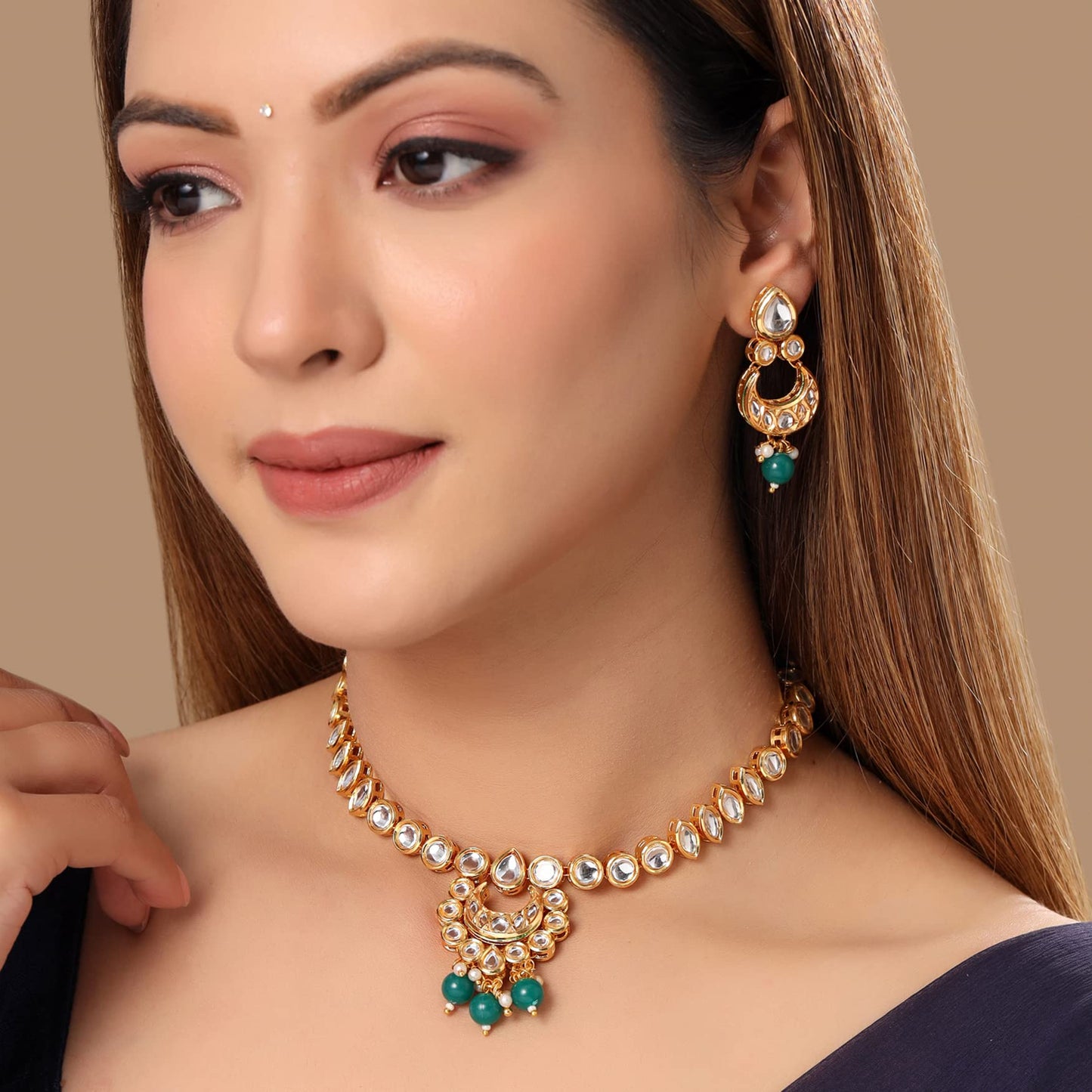 Yellow Chimes Jewellery Set for Women and Girls Kundan Necklace Set Gold Plated Kundan Studded Green Beads Drop Choker Necklace Set | Birthday Gift for girls and women Anniversary Gift for Wife