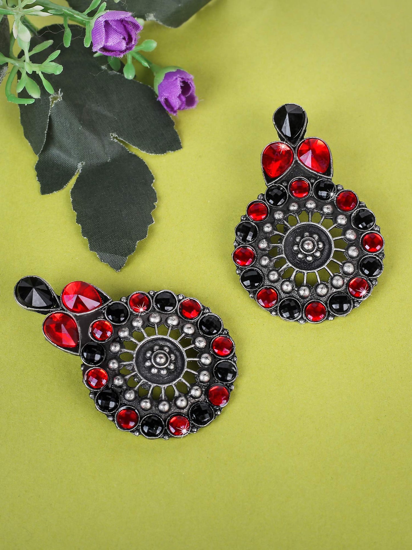 Yellow Chimes Stylish Afghani Theme Oxidized Silver Traditional Dangler Earrings for Women and Girls (Red)