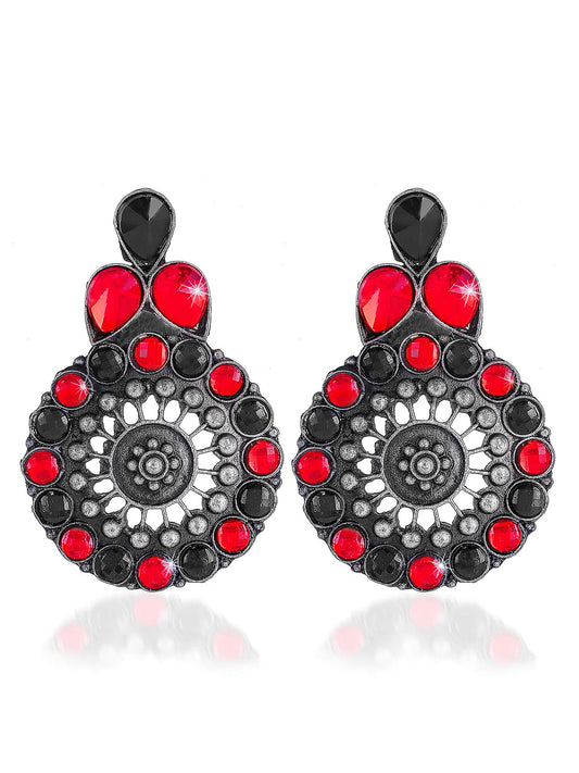 Yellow Chimes Stylish Afghani Theme Oxidized Silver Traditional Dangler Earrings for Women and Girls (Red)